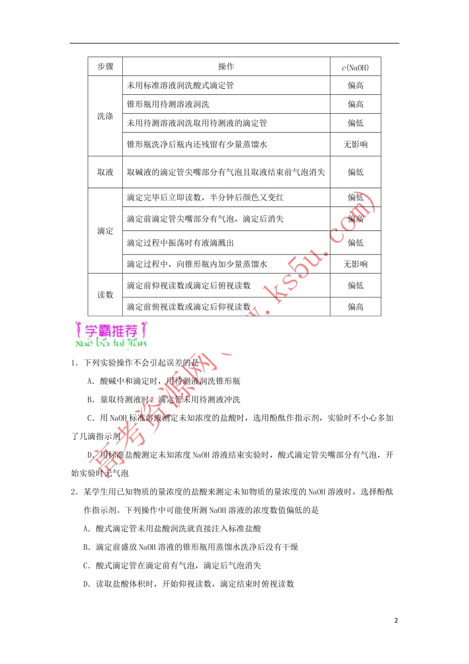 2018－2019学年高中化学（期末复习备考）每日一题 中和滴定的误差分析（含解析）新人教版选修4_第2页