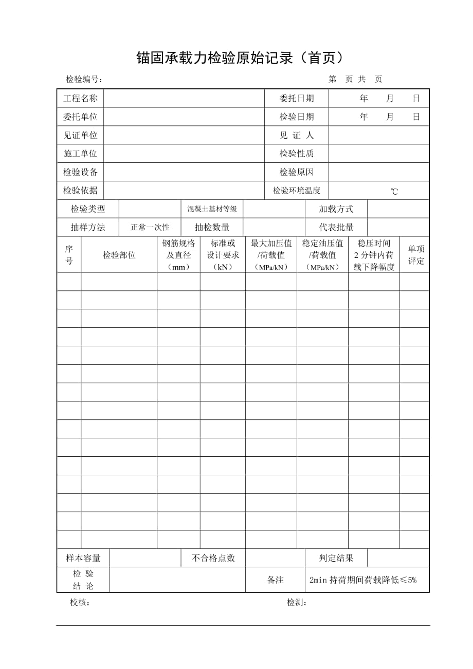 锚固承载力检测原始记录表_第1页