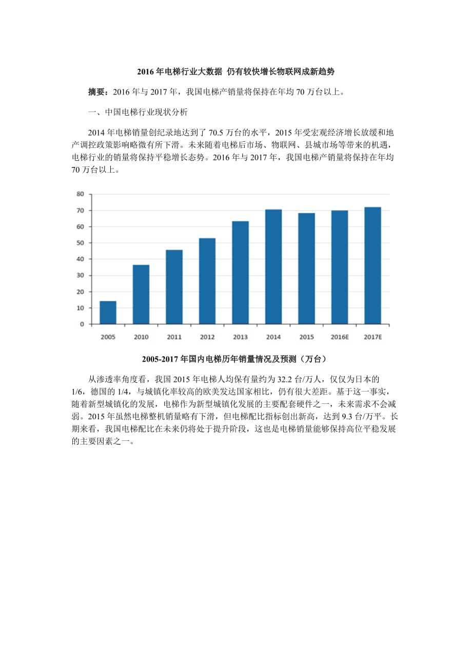 2016年电梯行业大数据 仍有较快增长物联网成新趋势_第1页