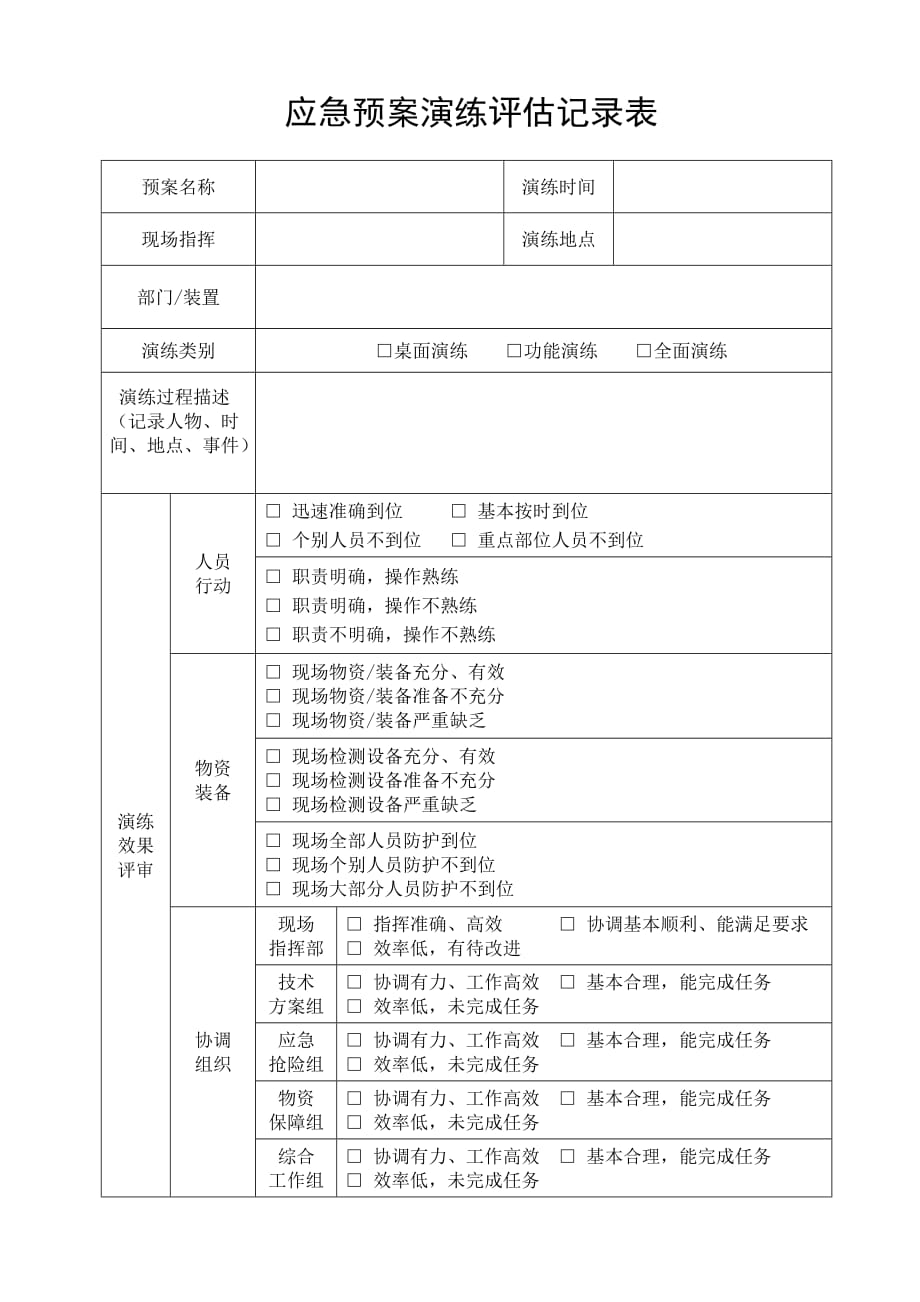 应急预案演练评估记录表样表_第1页