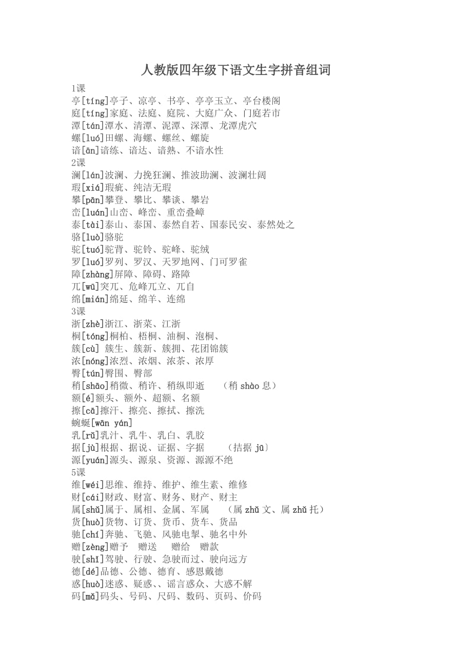 人教版四年级下语文生字拼音组词.doc_第1页