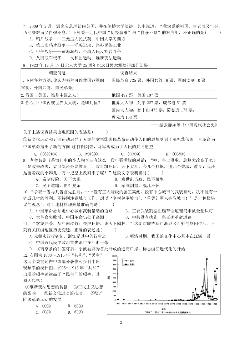 2010学年第二学期温州市十校联合体高二期末联考历史试卷_第2页