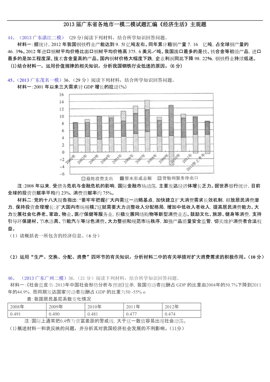 2013广东模拟经济生活主观题编汇_第1页
