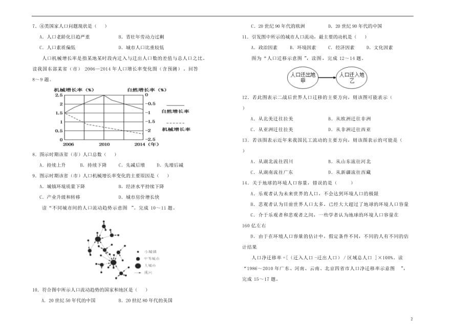 2018－2019学年高中地理 第一单元 人口的变化单元测试（二）新人教版必修2_第2页