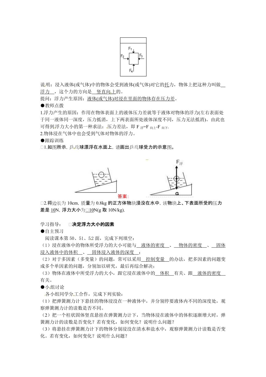 物理人教版初二下册了解浮力的概念及产生的原因； 2.了 解并探究影响浮力大小的_第2页