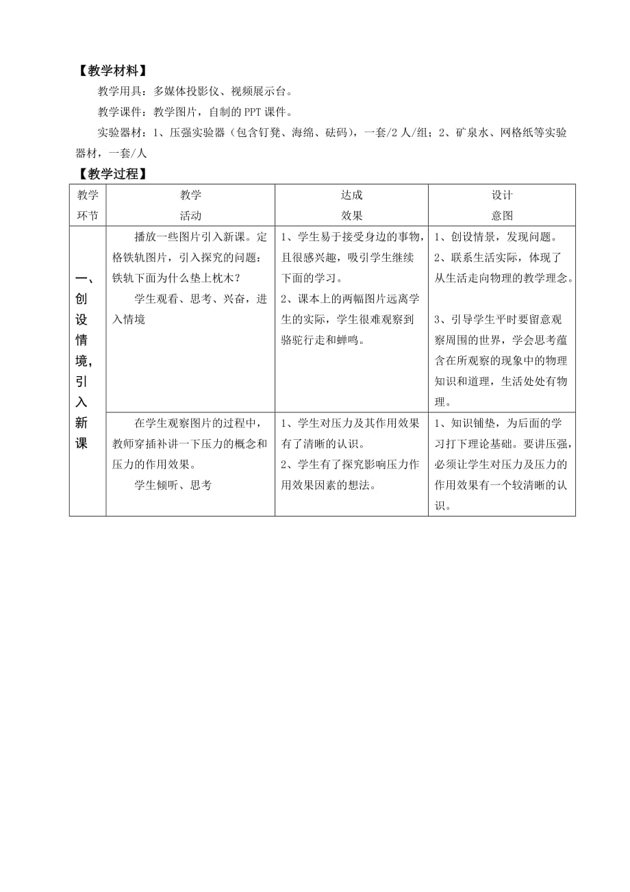 物理人教版初二下册压强 教学设计_第2页