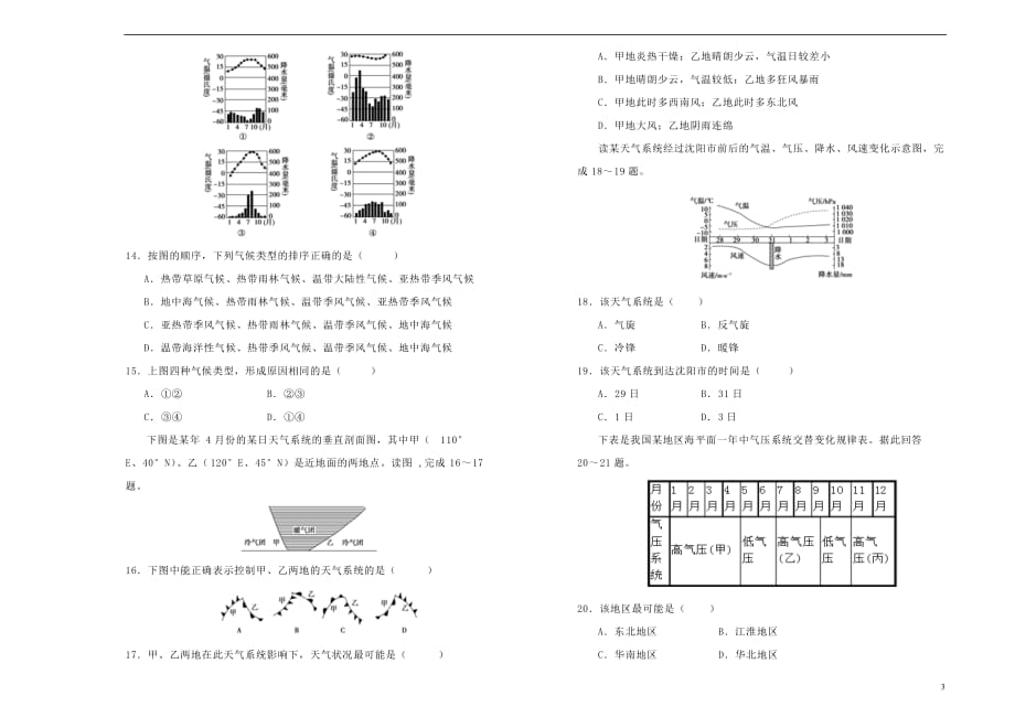 2018－2019学年高中地理 第二单元 地球上的大气训练卷（二）新人教版必修1_第3页