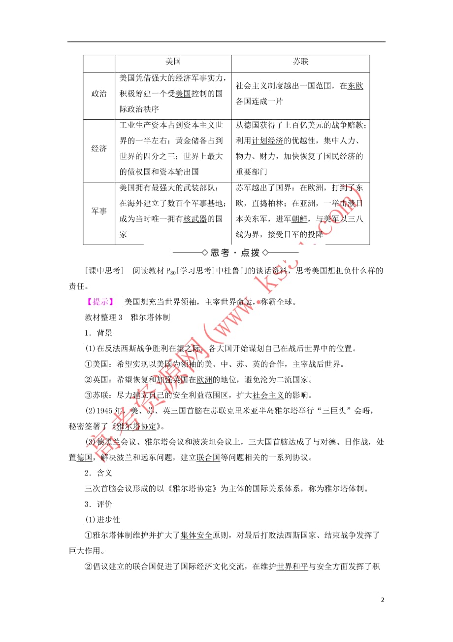 2018版高中历史 专题4 雅尔塔体制下的冷战与和平 1 战后初期的世界政治形势教师用书 人民版选修3_第2页