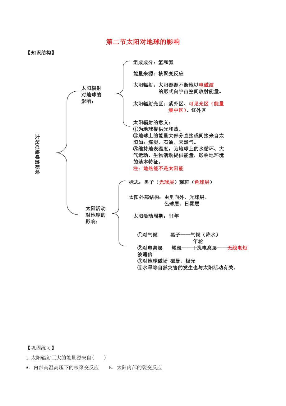 2018－2019学年高中地理 第1.2节 太阳对地球的影响同步讲解与练习 中图版必修1_第1页