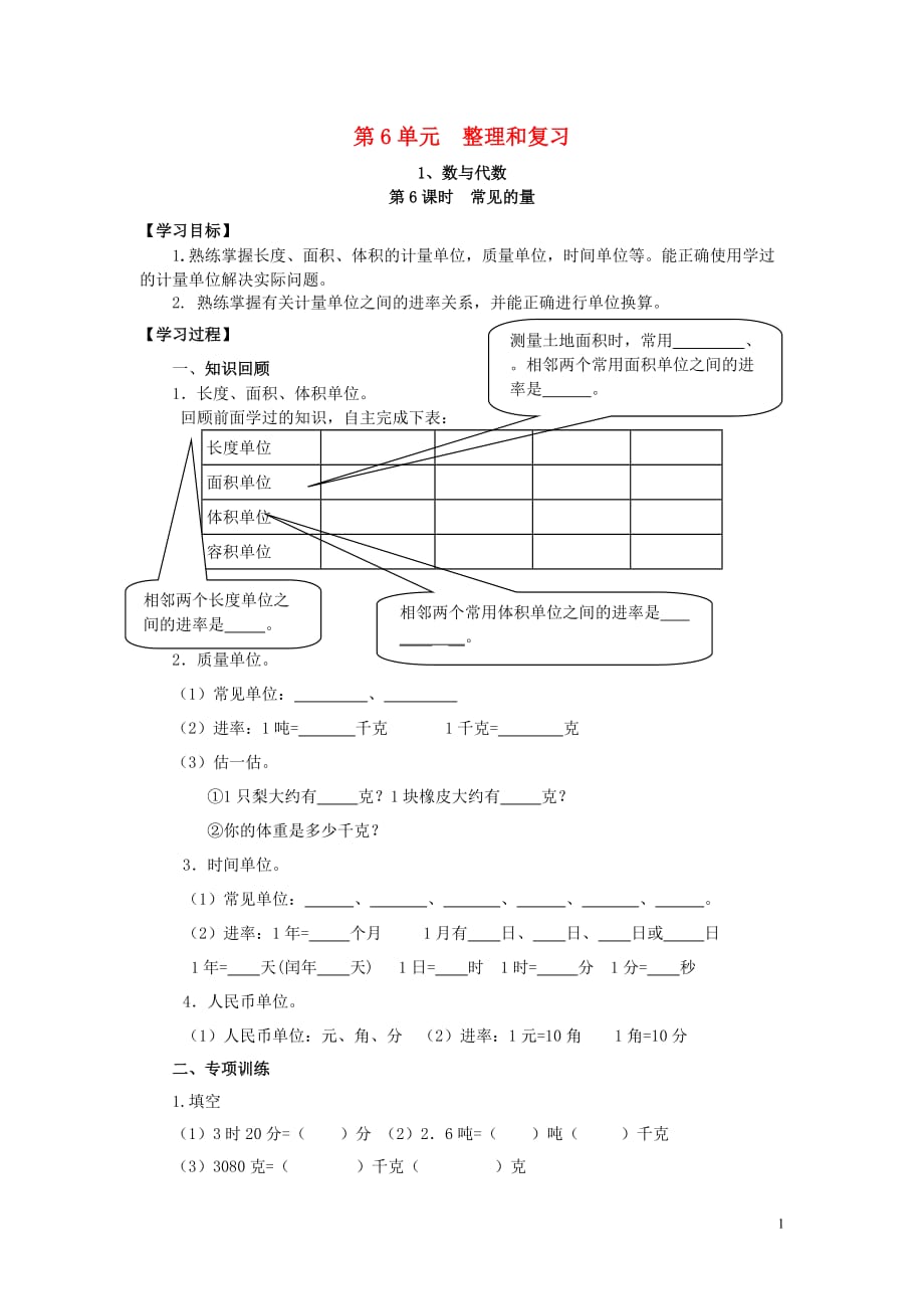 2019年春六年级数学下册第6单元整理与复习1数与代数第6课时常见的量导学案无答案新人教版201908012122_第1页