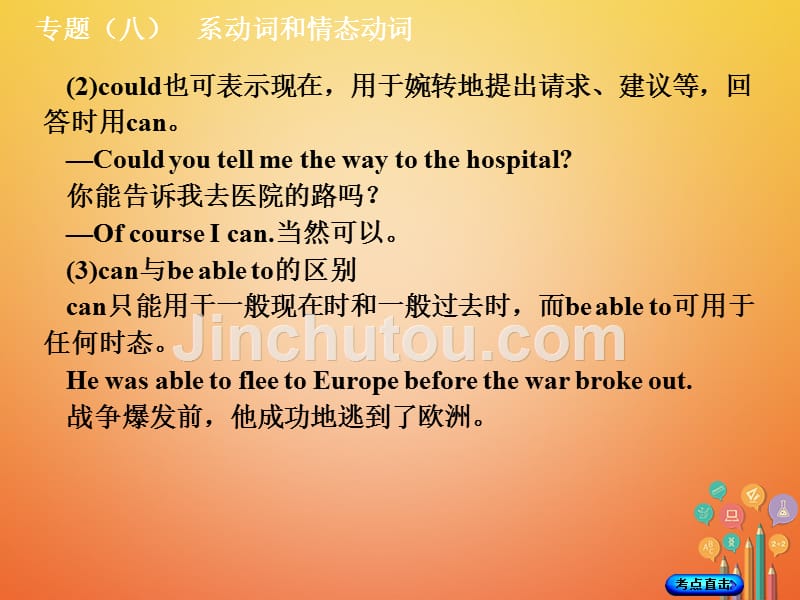 湖南2018年中考英语总复习 第二部分 语法点击 专题（八）系动词和情态动词人教版_第5页