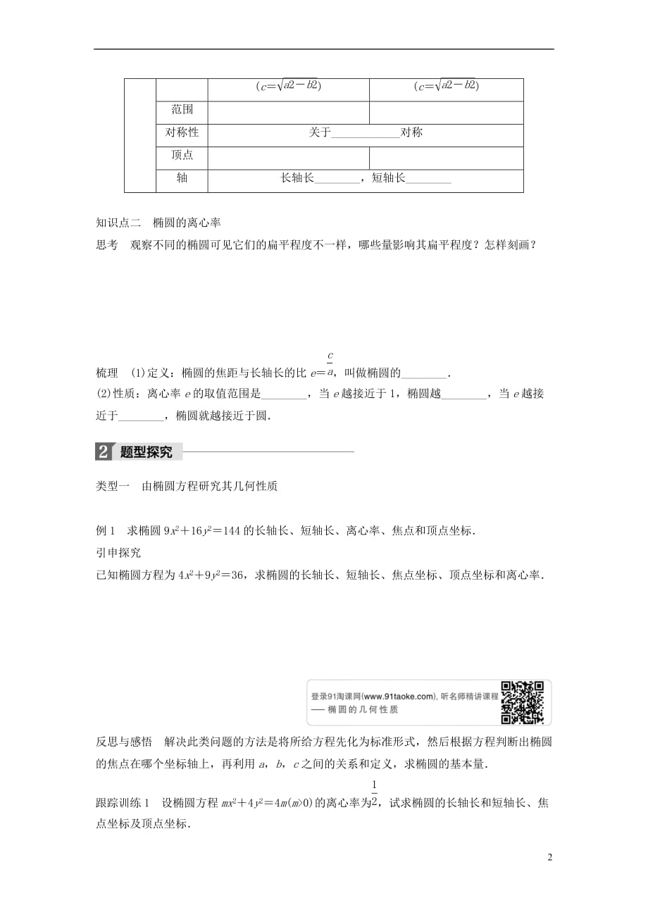 2018版高中数学 第二章 圆锥曲线与方程 2.2.2 椭圆的几何性质（一）学案 苏教版选修1-1_第2页