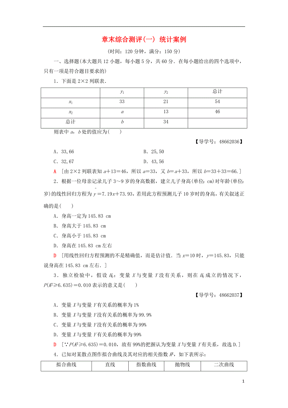 2018年秋高中数学 章末综合测评1 统计案例 新人教A版选修1-2_第1页