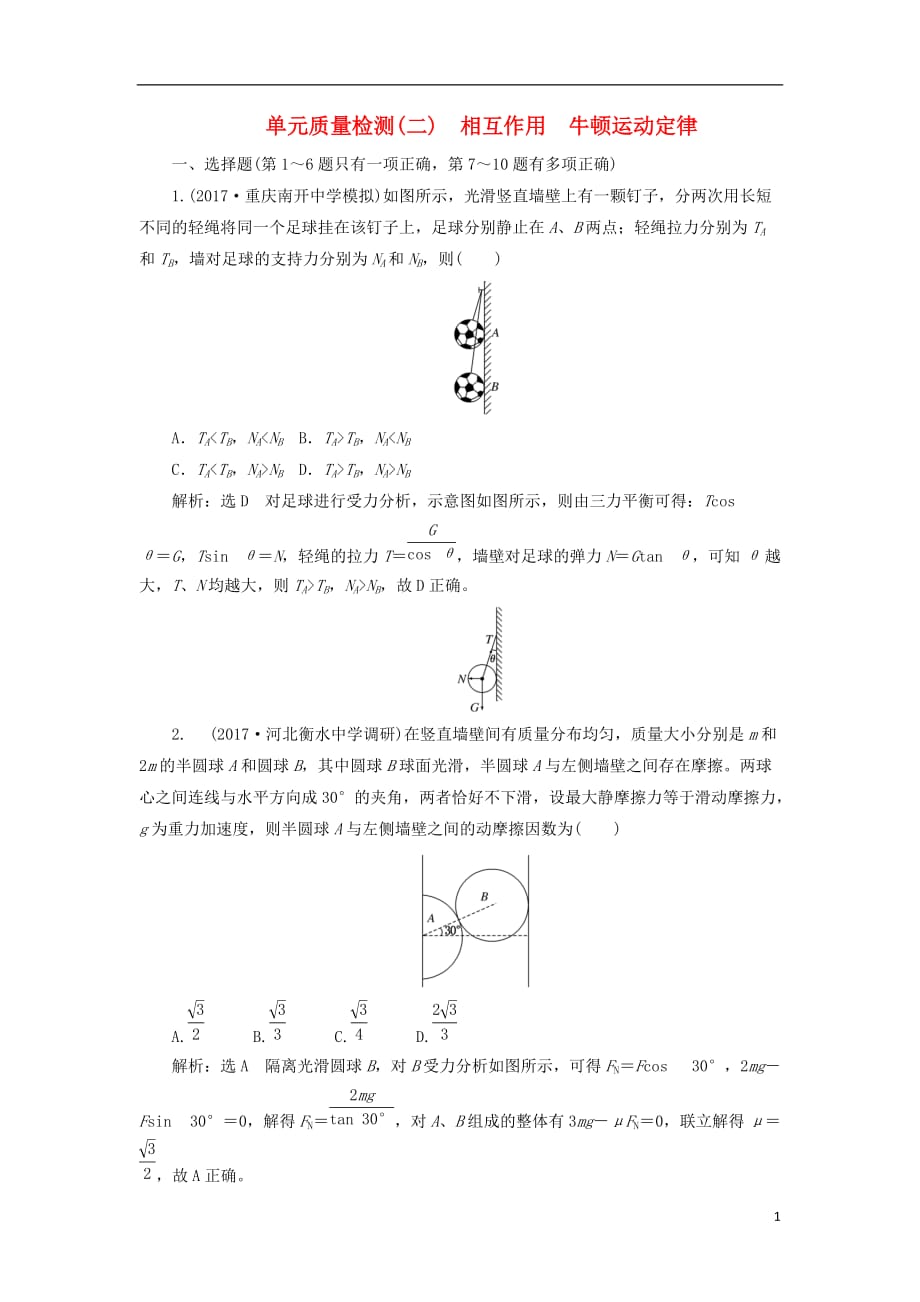 2018届高考物理二轮复习 第二章 相互作用 牛顿动动定律单元质量检测_第1页