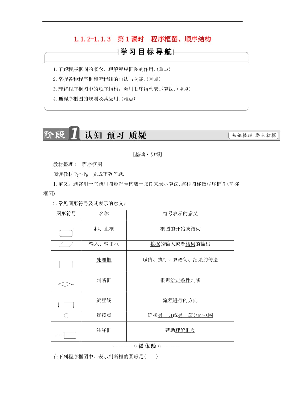 2018版高中数学 第一章 算法初步 1.1.2-1.1.3 第1课时 程序框图、顺序结构学案 新人教B版必修3_第1页