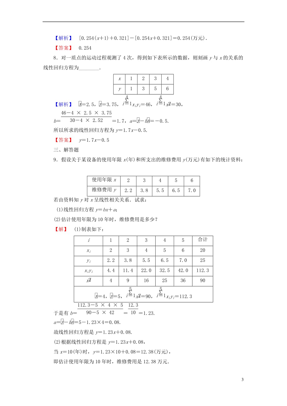 2018版高中数学 第一章 统计 1.8 最小二乘估计学业分层测评 北师大版必修3_第3页