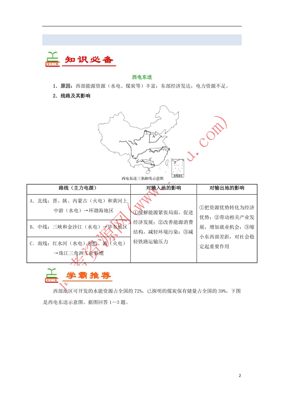 2018－2019学年高中地理 每日一题 西电东送（含解析）新人教版必修3_第2页