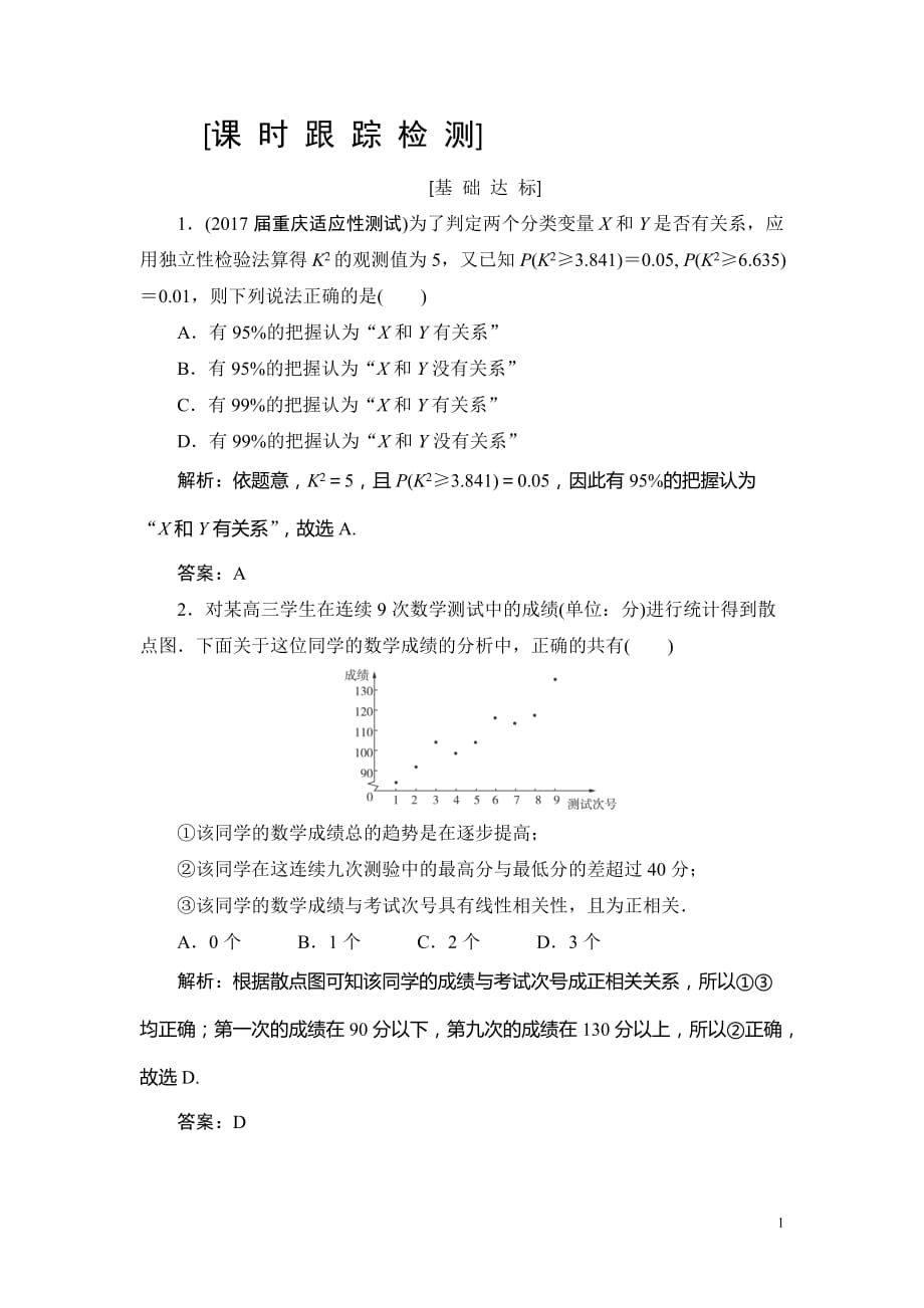 2019高三一轮总复习文科数学课时跟踪检测：10-4变量间的相关关系、统计案例_第1页