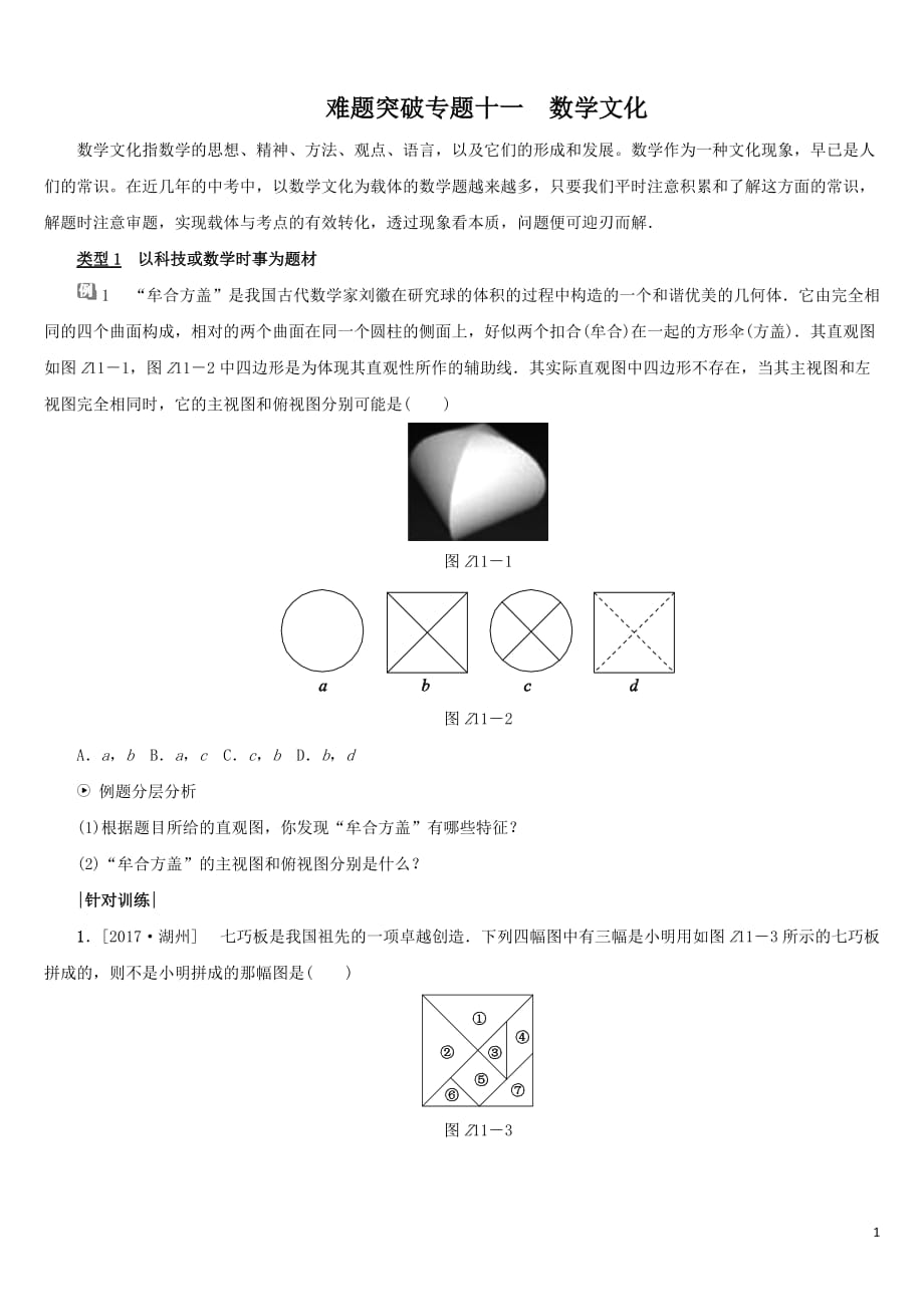 2018年浙江中考数学复习难题突破专题十一：数学文化_第1页