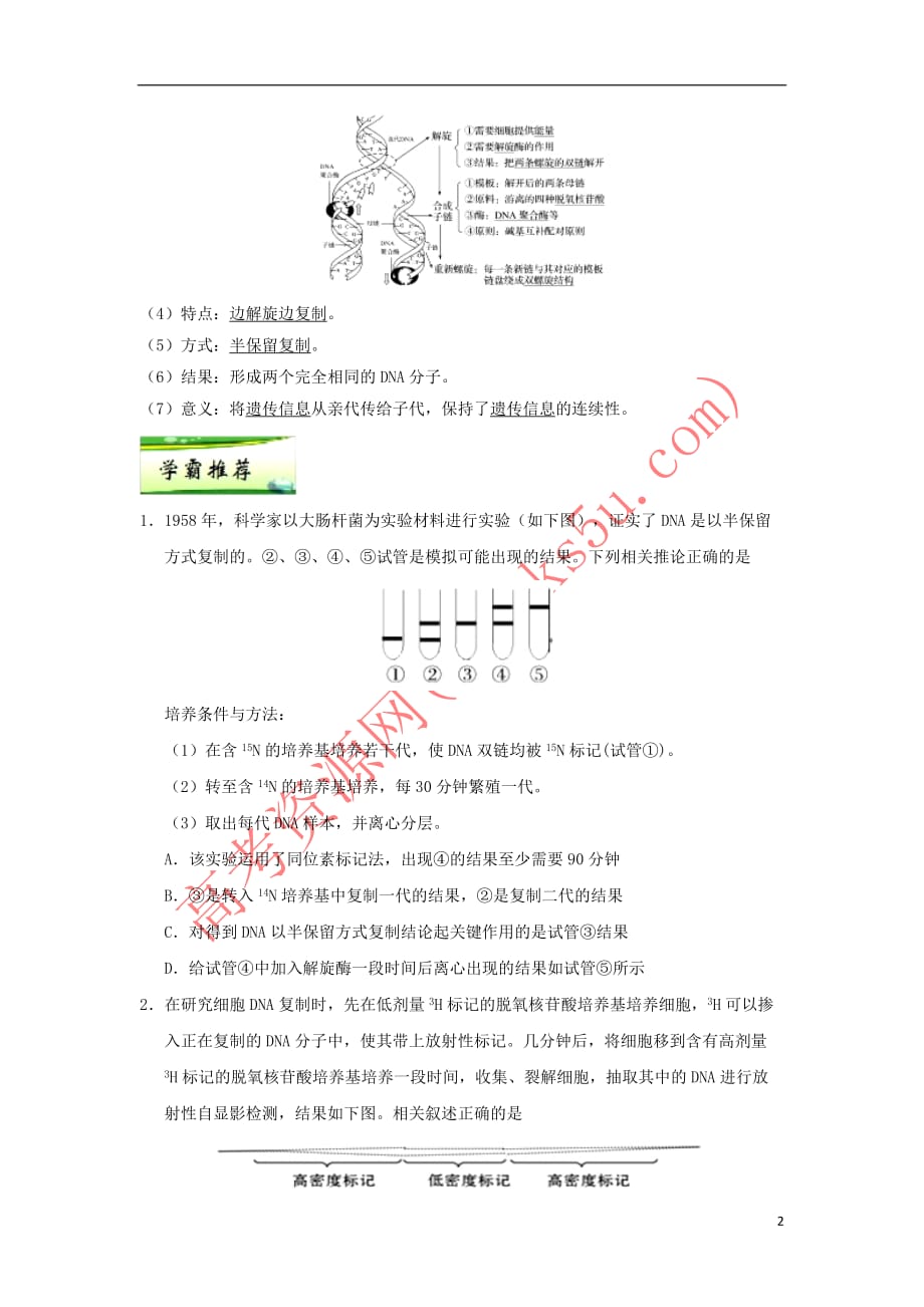 2019年高考生物一轮复习 专题 DNA分子的复制每日一题_第2页