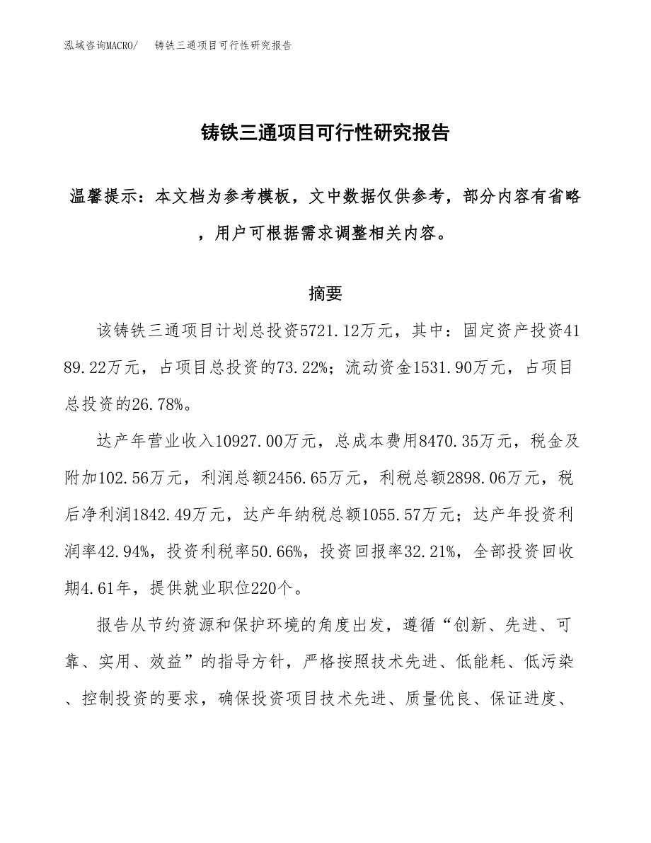 2019铸铁三通项目可行性研究报告参考大纲.docx_第1页