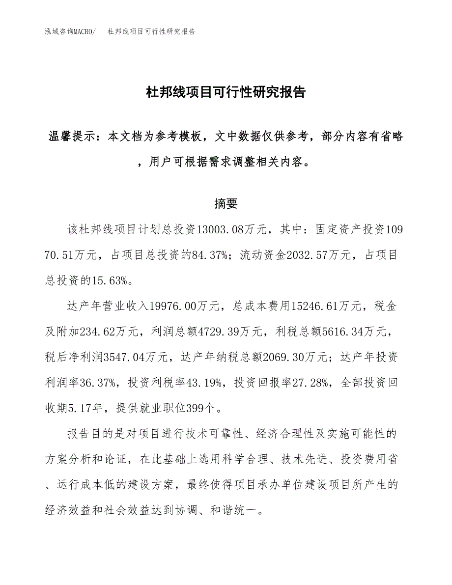 2019杜邦线项目可行性研究报告参考大纲.docx_第1页