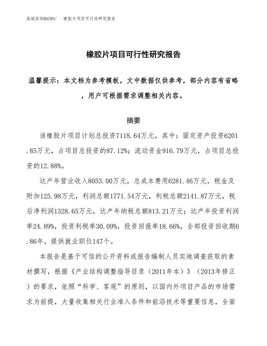 2019橡胶片项目可行性研究报告参考大纲.docx_第1页