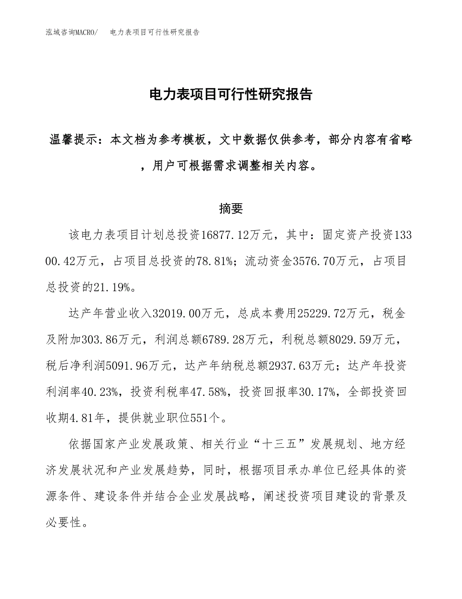 2019电力表项目可行性研究报告参考大纲.docx_第1页