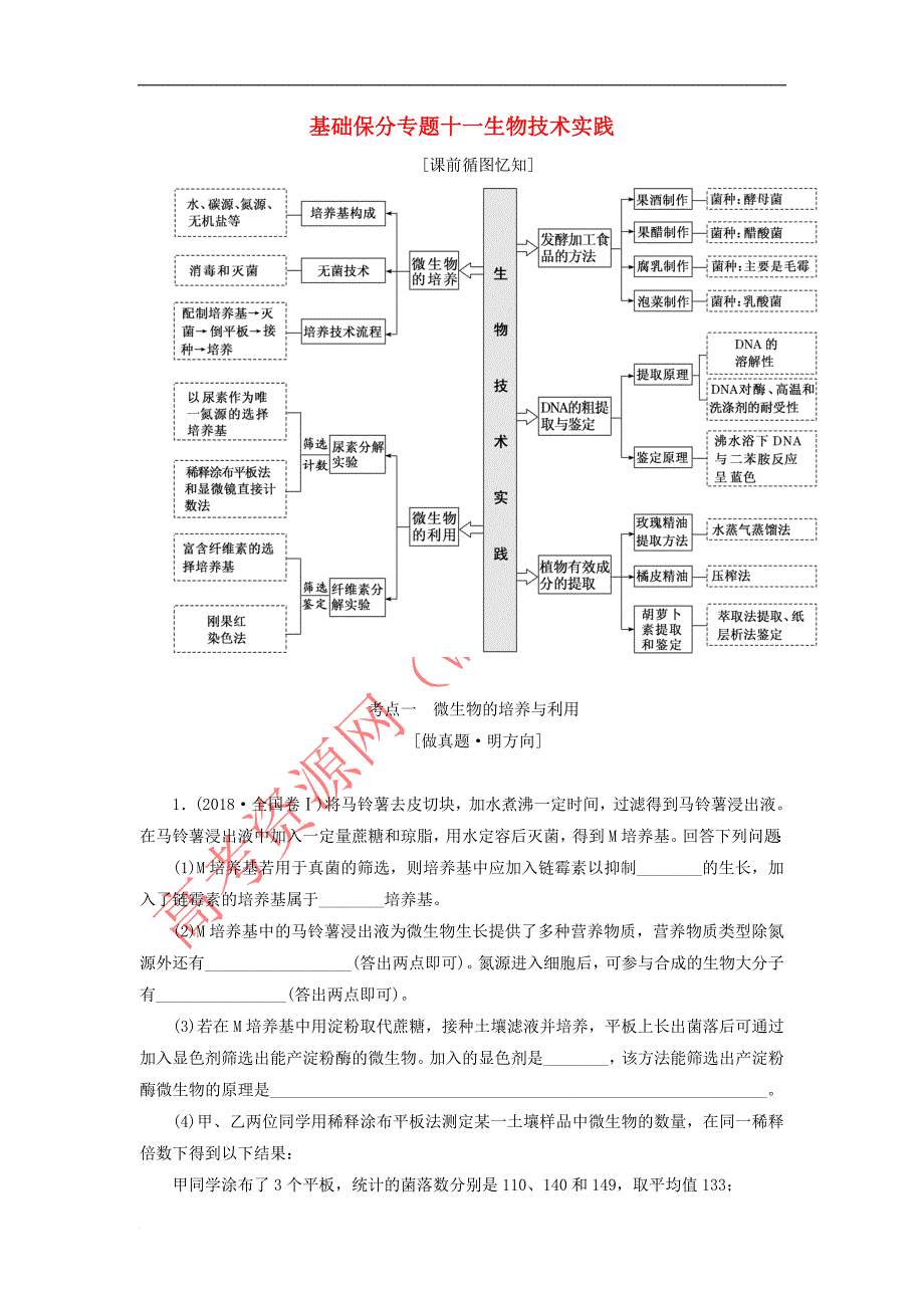 2019年高考生物二轮复习 基础保分专题十一 生物技术实践学案_第1页