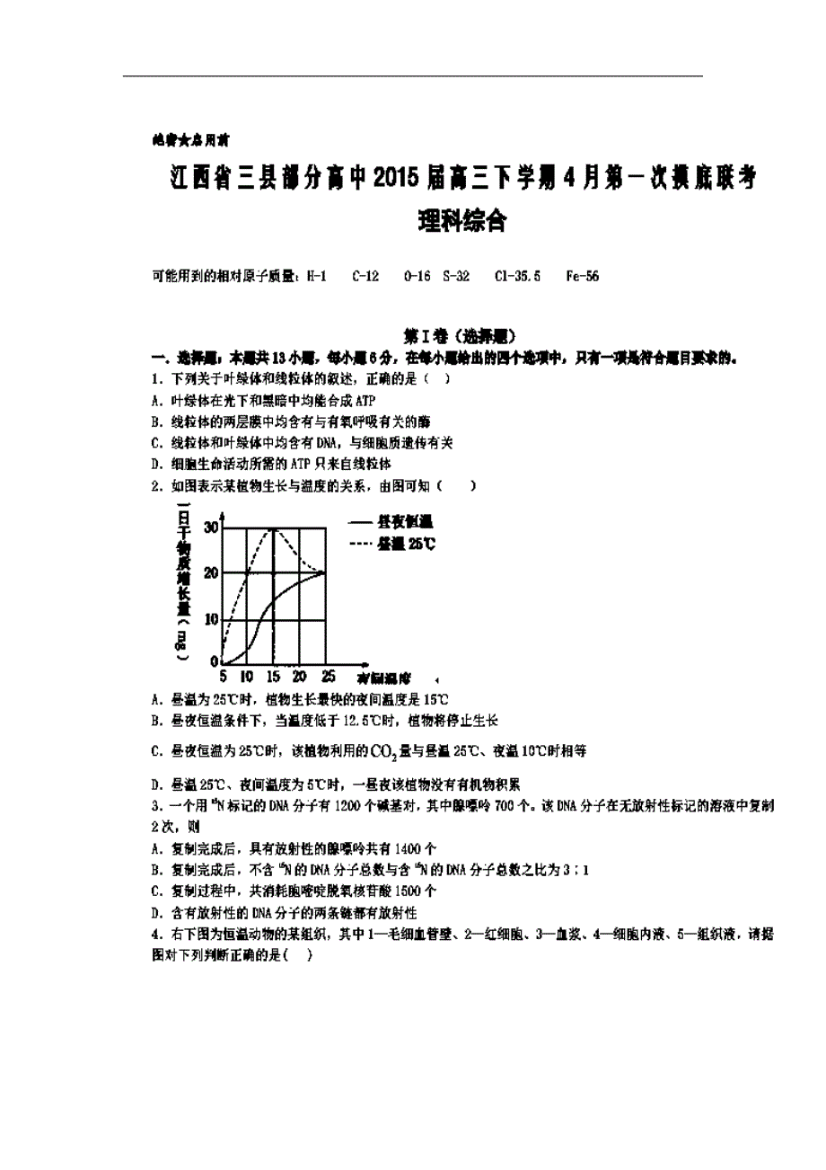 江西省三县部分高中2015届高三第一次摸底联考理综试题（附答案）$574073.doc_第1页