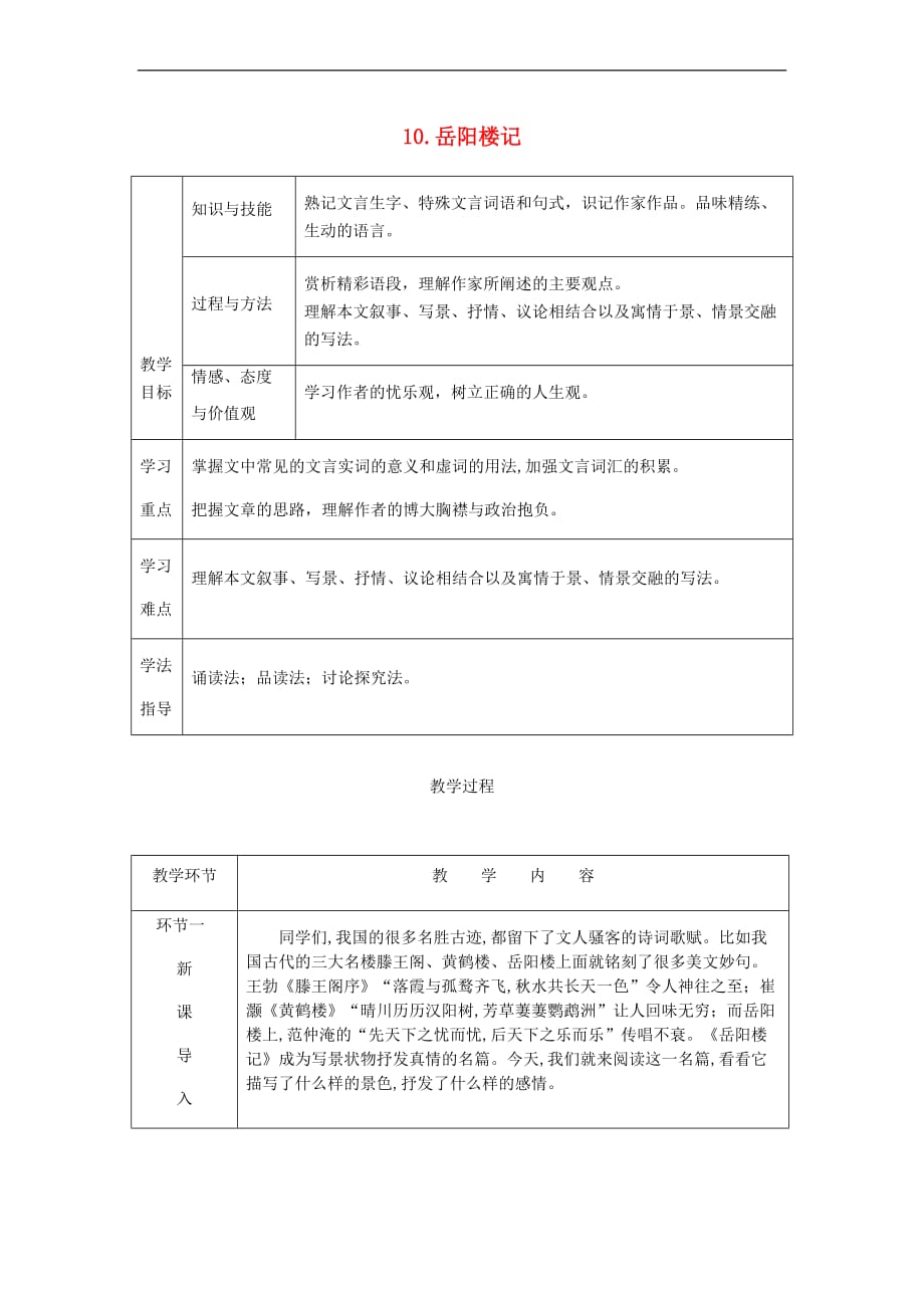 2018秋九年级语文上册 第三单元 10 岳阳楼记教案 新人教版_第1页