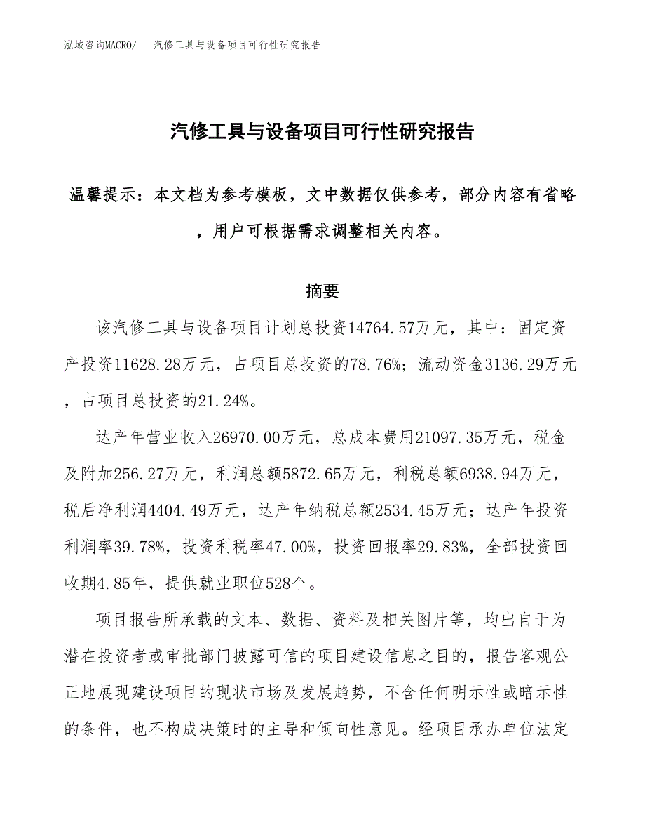 2019汽修工具与设备项目可行性研究报告参考大纲.docx_第1页