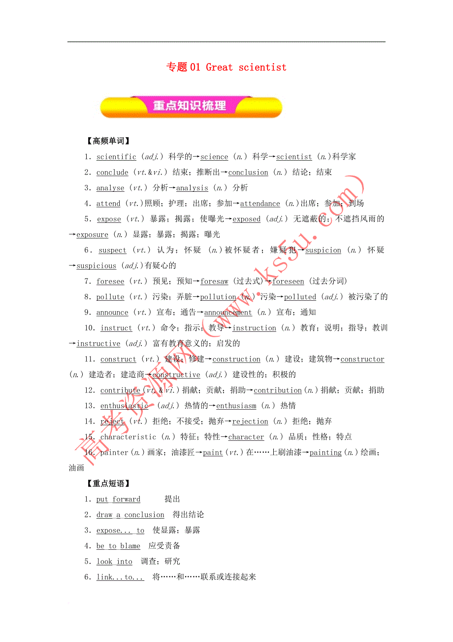 2019年高考英语一轮复习 专题01 Great scientist（教学案）新人教版必修5_第1页