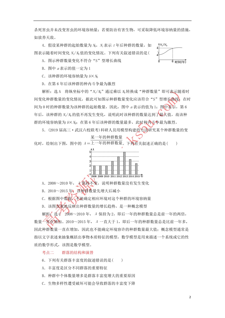 2019年高考生物二轮复习 检测（十三）“种群、群落和生态系统及其稳定性”课前诊断卷_第2页