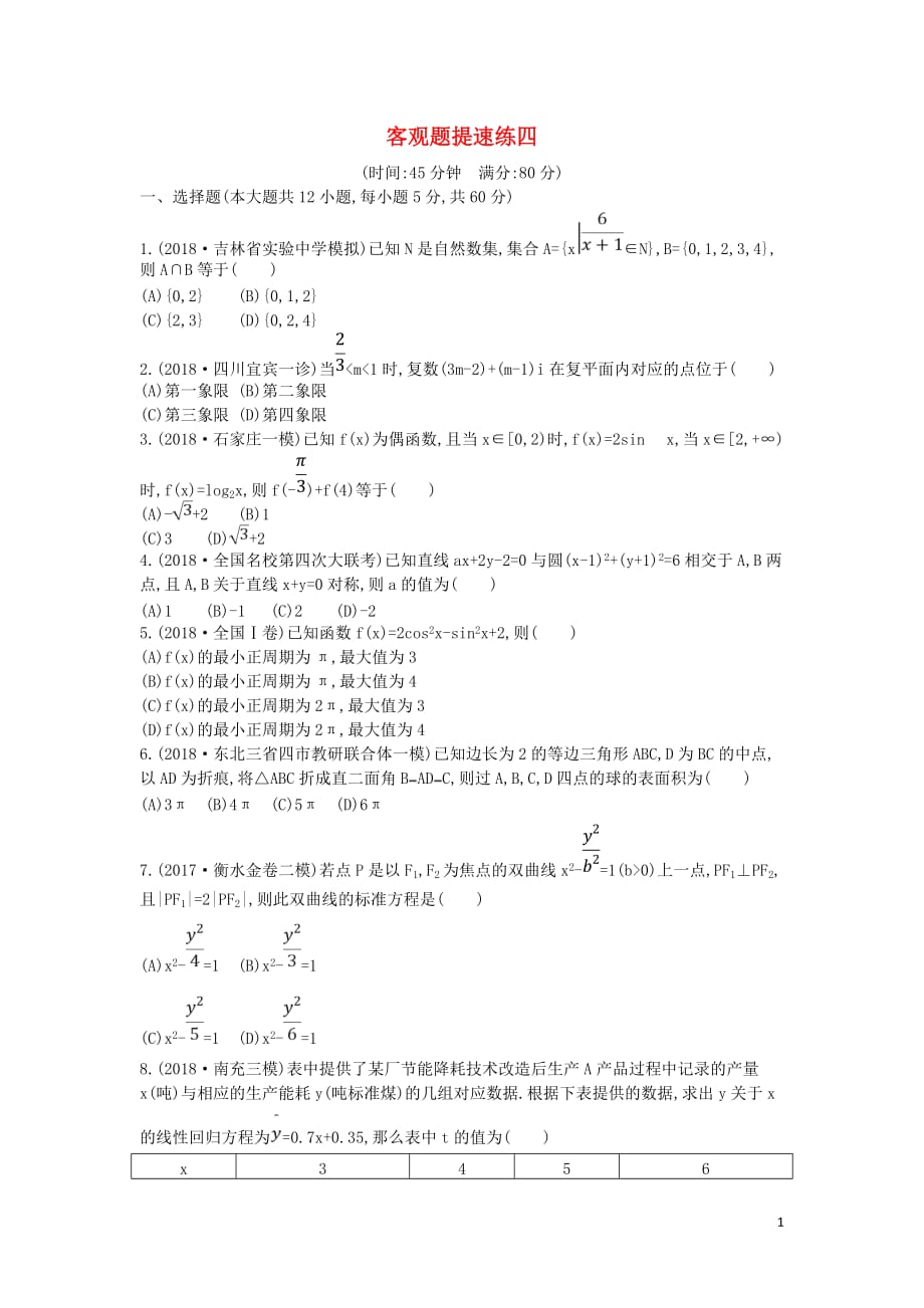 2019届高考数学二轮复习客观题提速练四文201902252344_第1页