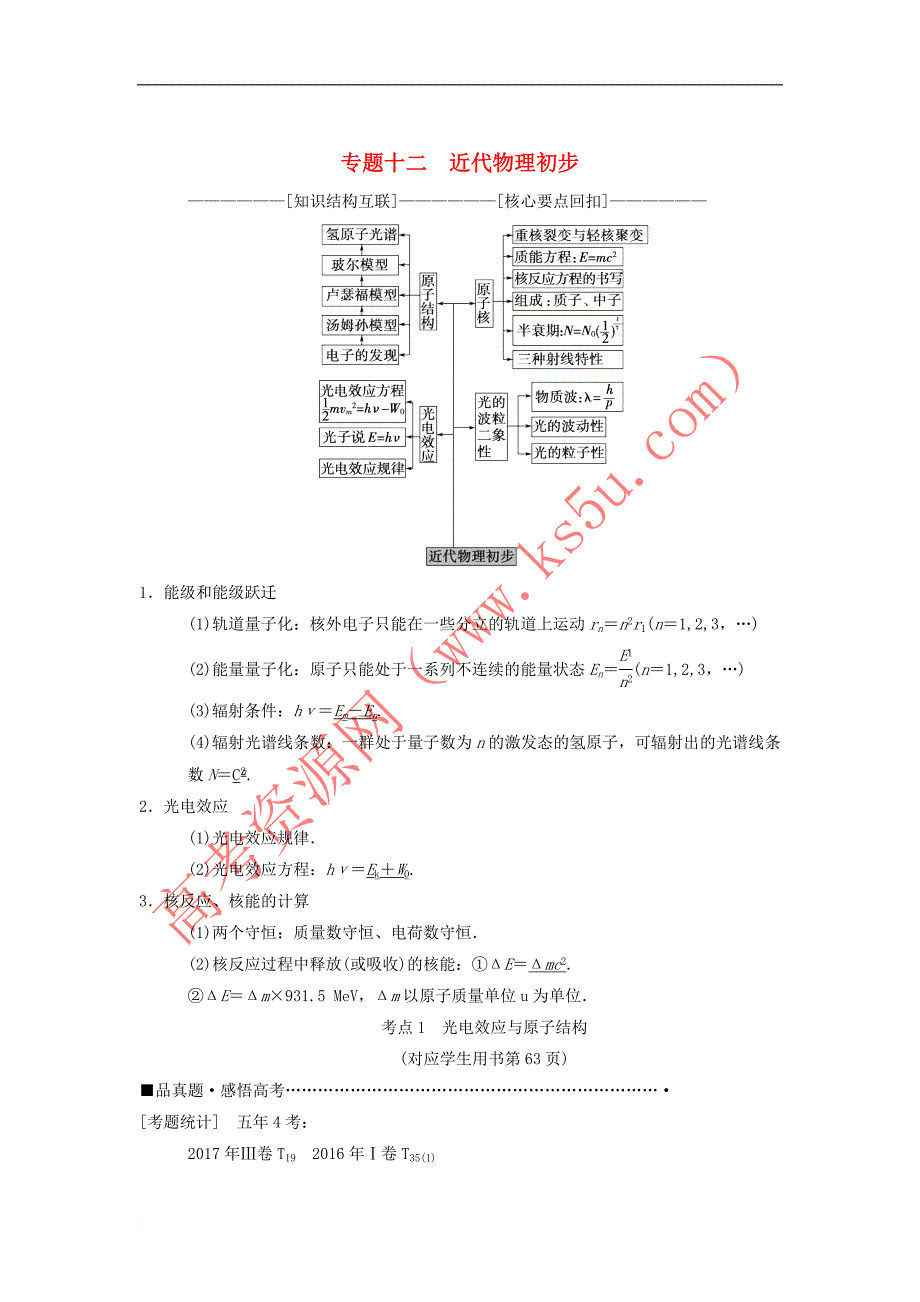 2018版高考物理二轮复习 第1部分 专题整合突破 专题12 近代物理初步教案_第1页