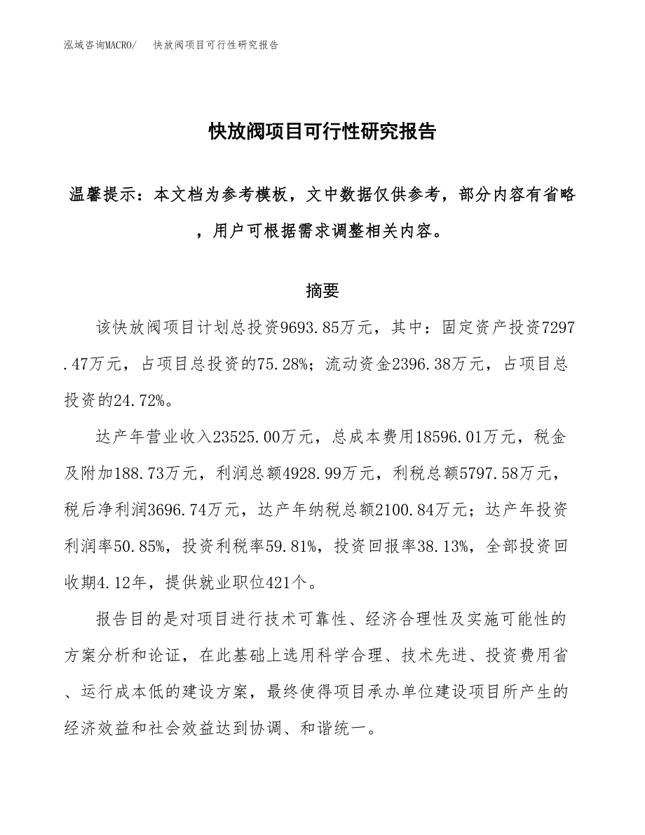 2019快放阀项目可行性研究报告参考大纲.docx_第1页