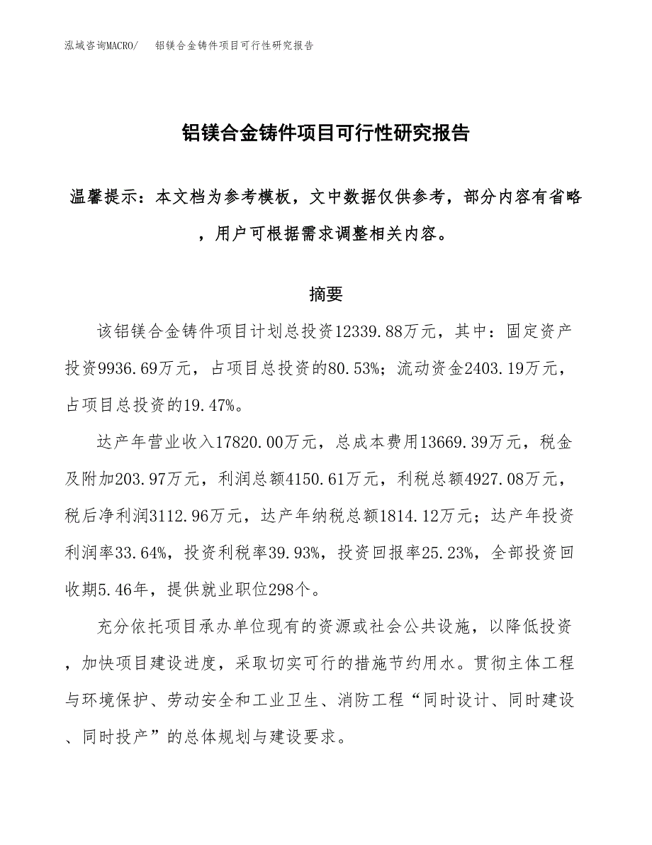 2019铝镁合金铸件项目可行性研究报告参考大纲.docx_第1页