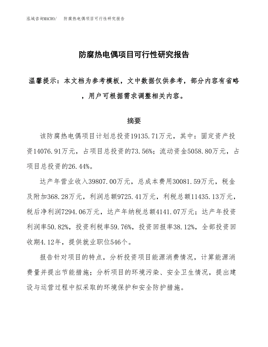 2019防腐热电偶项目可行性研究报告参考大纲.docx_第1页