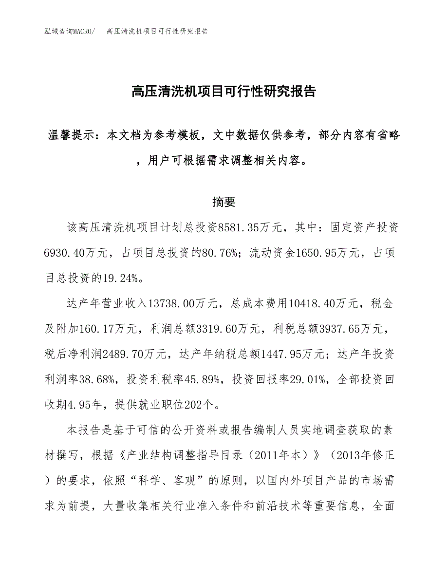 2019高压清洗机项目可行性研究报告参考大纲.docx_第1页