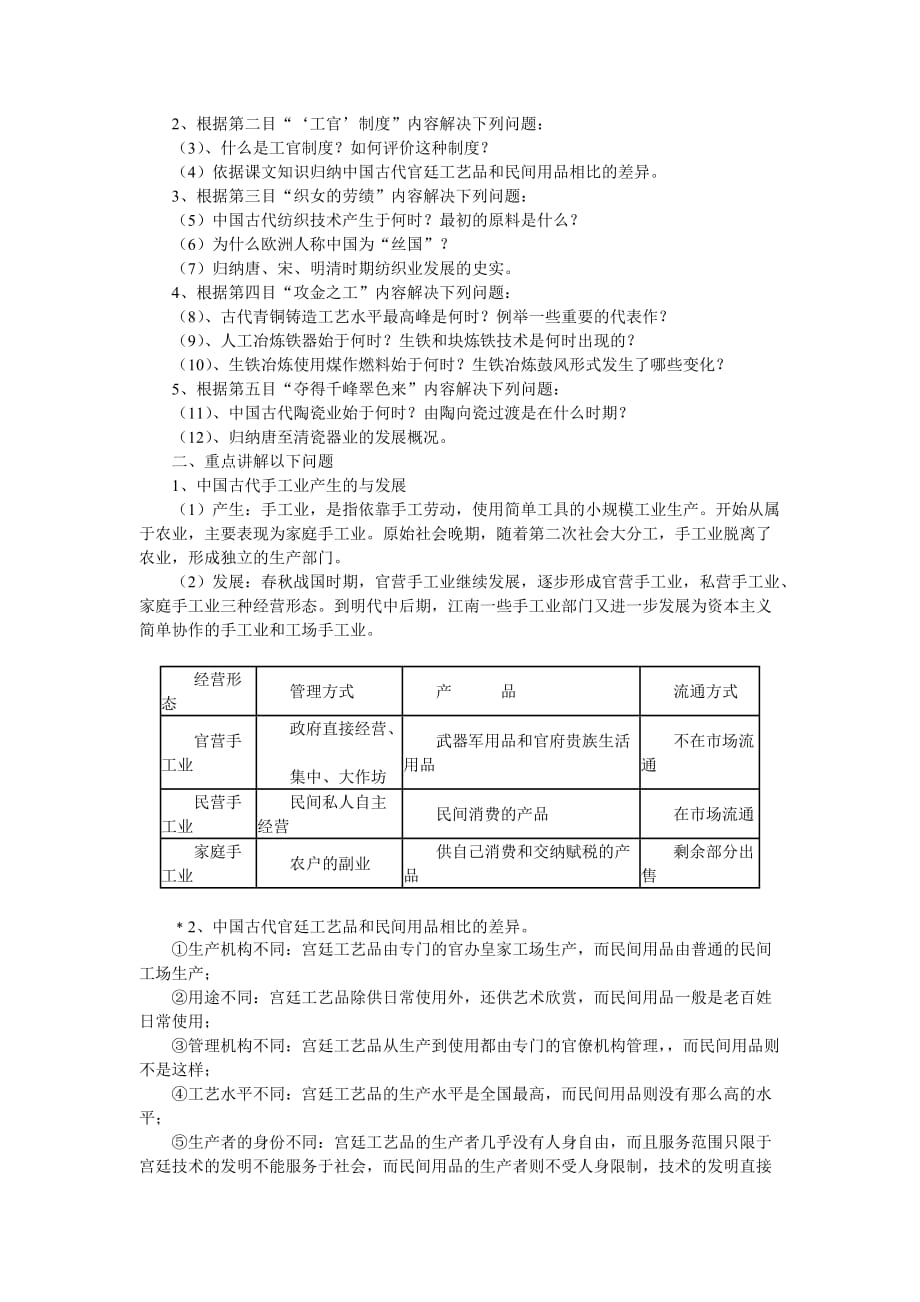 人民版历史必修二专题一.二古代中国的手工业经济教案_第2页