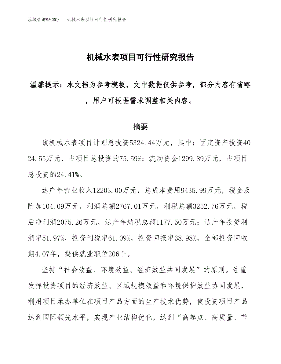 2019机械水表项目可行性研究报告参考大纲.docx_第1页