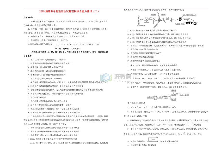 2019年高考理综考前适应性试题（二）_第1页