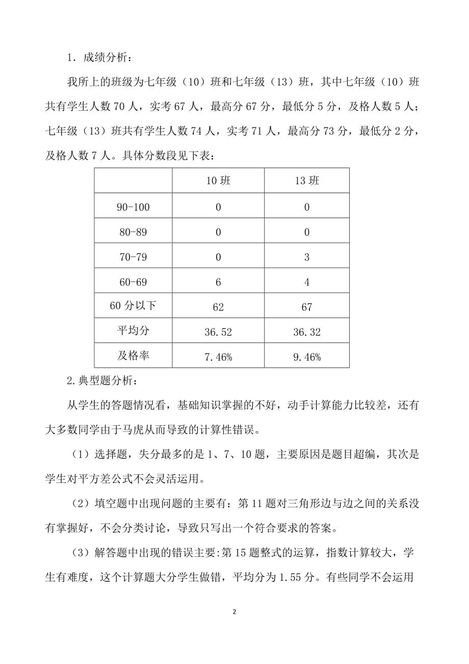 2016—2017第二学期北师大版七年级数学期末考试试卷分析_第2页