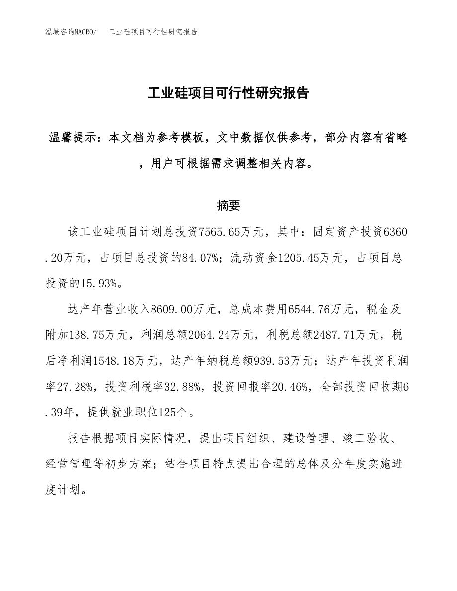 2019工业硅项目可行性研究报告参考大纲.docx_第1页