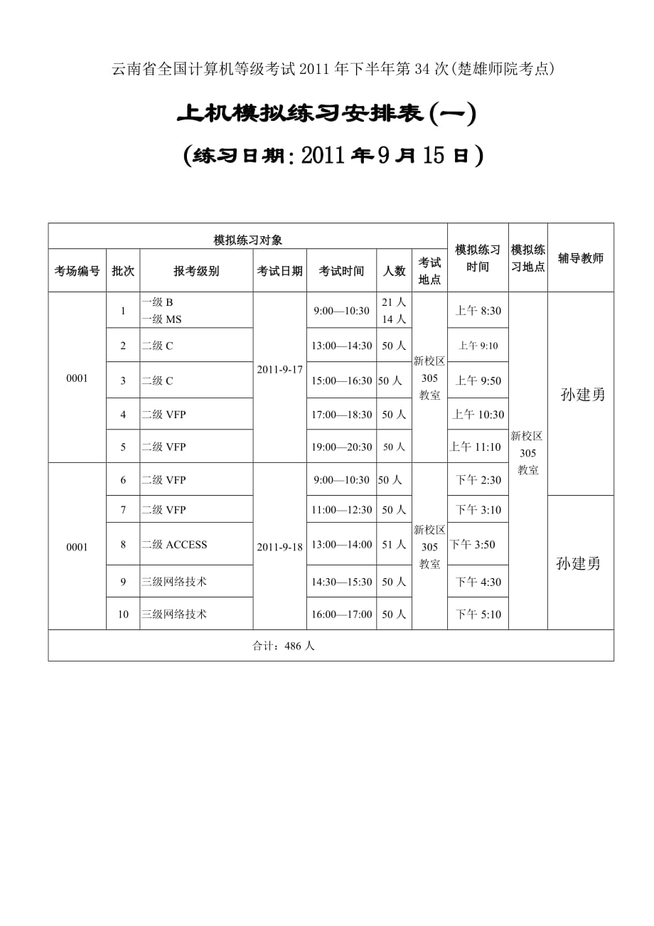 云南省全国计算机等级考试2011年下半年第34次(楚雄师院考点)_第1页