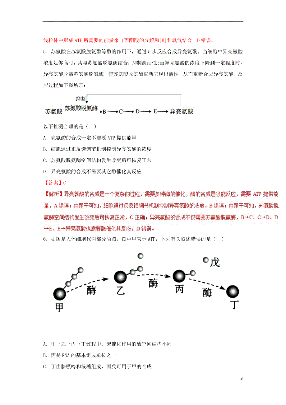 2019年高考生物一轮复习 专题09 降低化学反应活化能的酶、ATP（测）_第3页