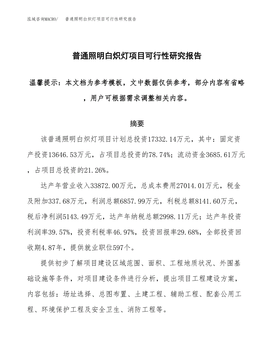 2019普通照明白炽灯项目可行性研究报告参考大纲.docx_第1页