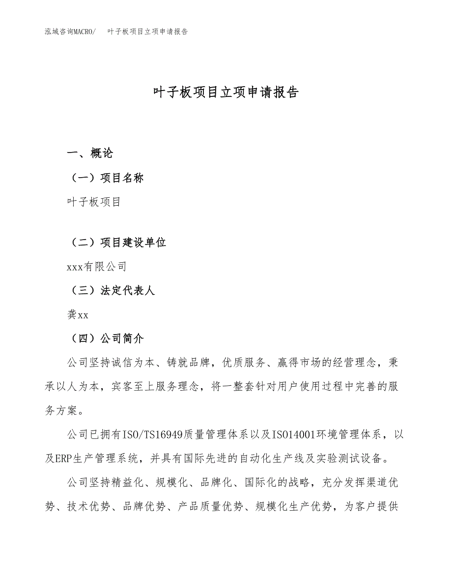 关于建设叶子板项目立项申请报告模板（总投资19000万元）_第1页