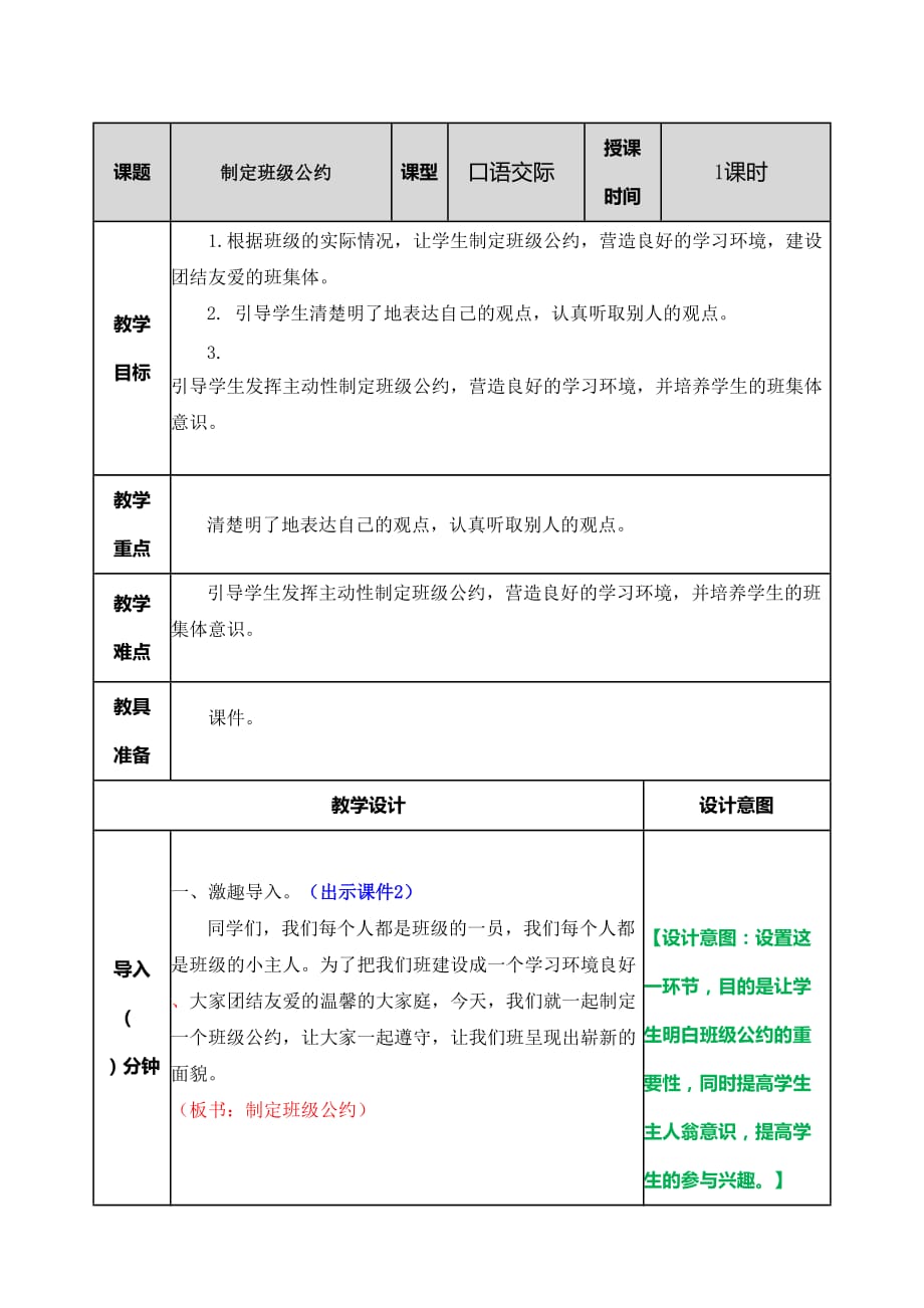 2019最新 部编人教版语文小学五年级上册口语交际：制定班级公约 教案_第1页